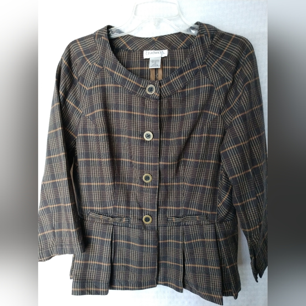 Vintage Chadwick's Blazer Short Pleated Plaid Black Brown Size 12 Chest 36" Fall